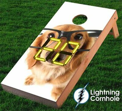 Electronic Scoring Golden Retriever with Glasses Cornhole Board Yellow