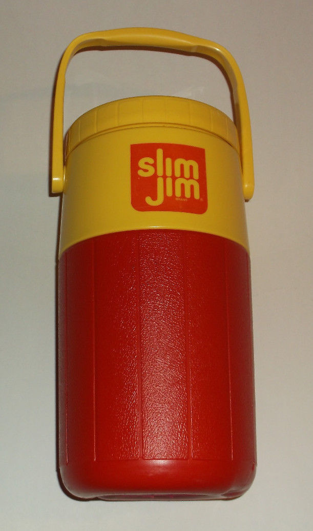 VINTAGE SLIM JIM COLEMAN NASCAR #44 RED AND YELLOW 1/2 GALLON THERMOS / COOLER
