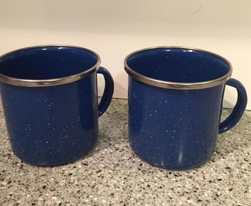 Classic Enamelware Graniteware Mug Cup Blue White Specks Stainless Rim Camping