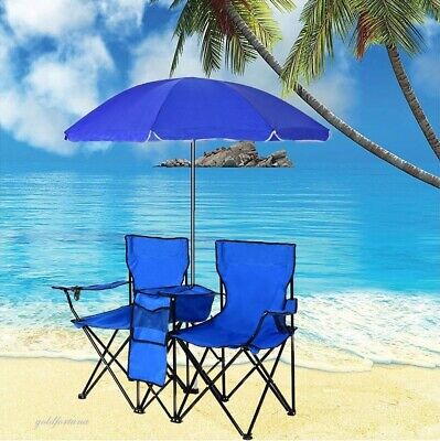 Beach Chair Folding Lightweight Double Camping Picnic Seat with Umbrella, Blue