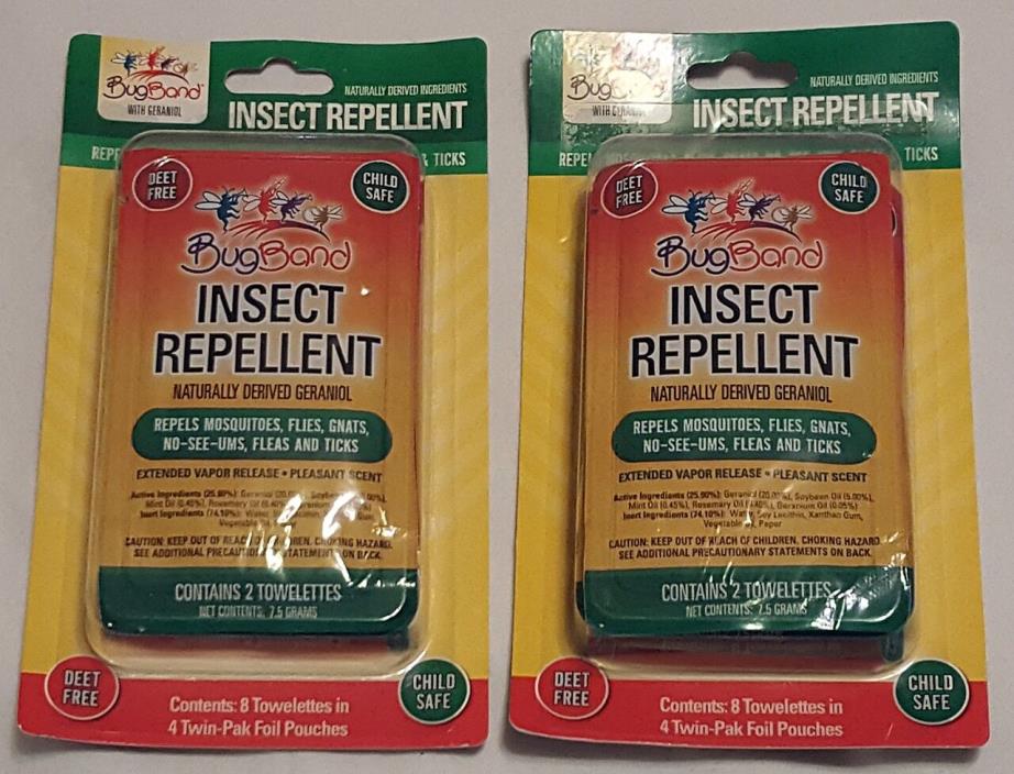 2 packs Bug Band Bugband Towelettes deet free insect repellent child safe