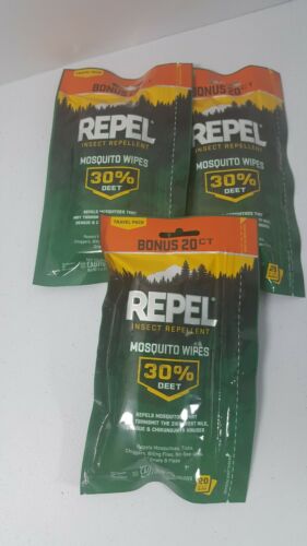 3 Pack Repel Insect Repellent Mosquito Wipe Tick Flies 30% Deet 20 Ct