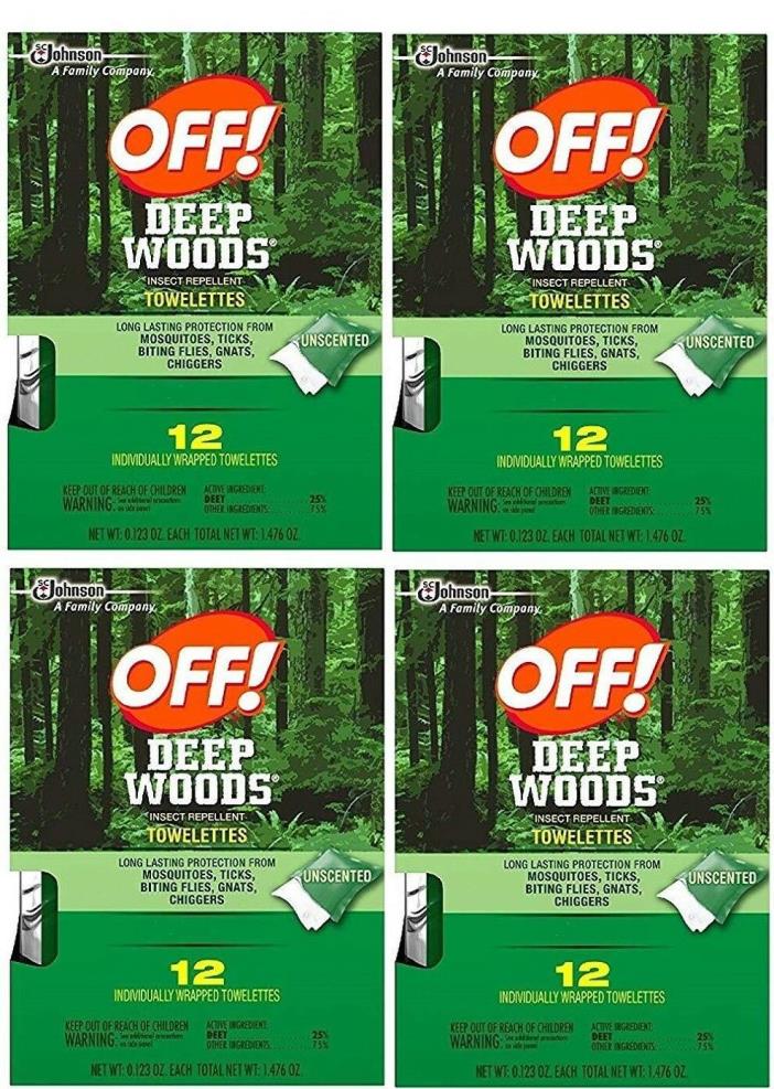FOUR (4) Deep Woods Off! Insect Repellent Wipes 12-Towelettes (48 Total) NIB