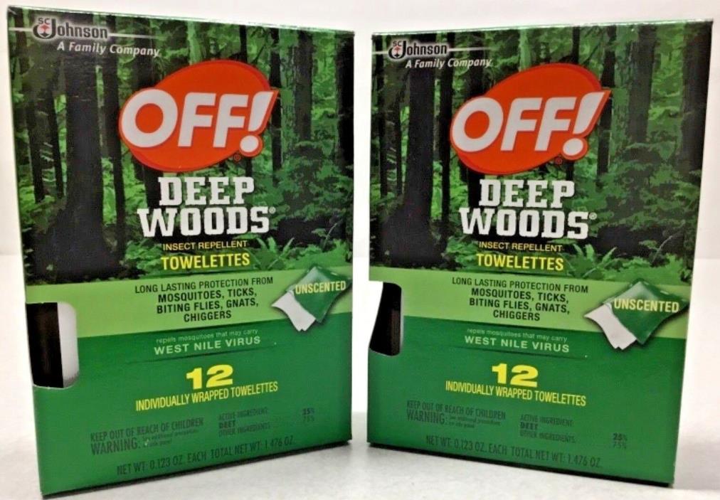 2 boxes 12 = 24 Unscented  OFF Deep Woods Insect Repellent Wrapped Towelettes