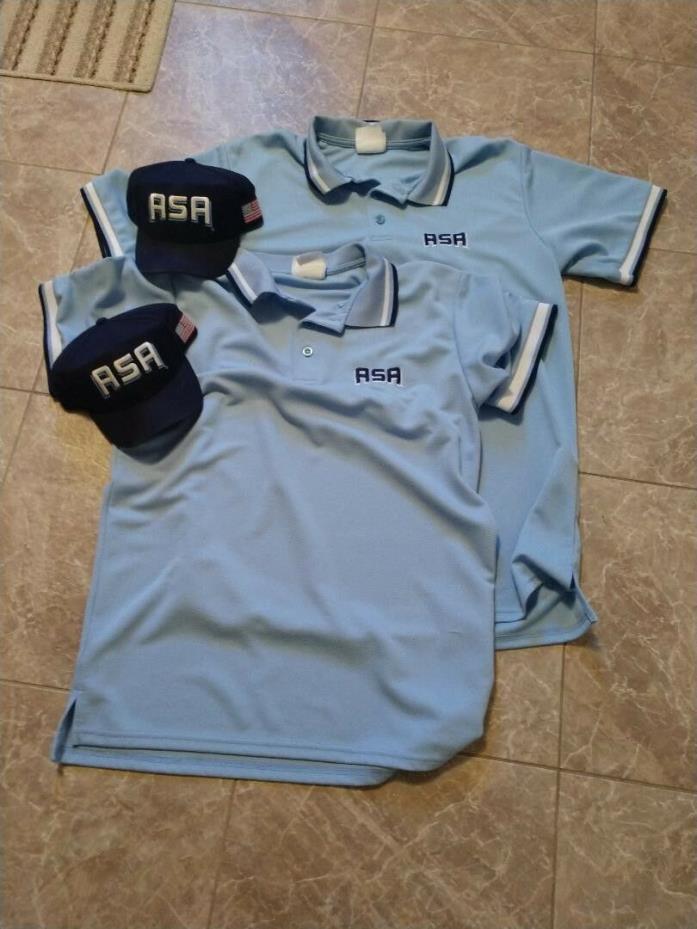 ASA SOFTBALL UMPIRE SHIRTS POWDER BLUE L & XL BONUS 2 ASA HATS