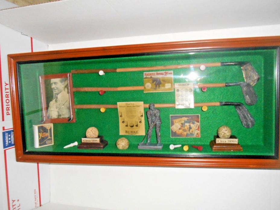 Vtg. Lg. Shadow Box of GOLFING Memorabilia Replica Items Man Cave Office Display