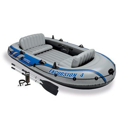 Inflatable Boat 4-Person Intex Excursion Dinghy Set Aluminum Oars High Air Pump