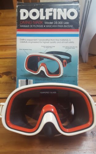 Dolfino Diving Mask In Box Vintage Glass Model DS- 300 Lido Tempered Rubber