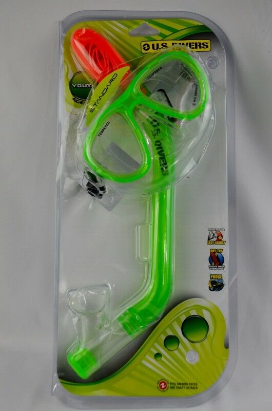 US Divers Youth Snorkeling Mask Combo Set 2-Window Mask + Snorkel Green SM - MED