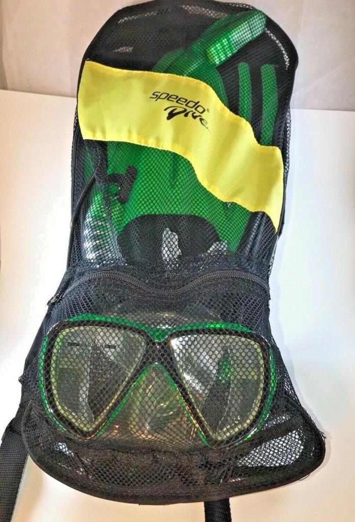 Speedo Dive Set Hydroscope Mask Snorkel Fin Adult Medium Large XL Green with Bag