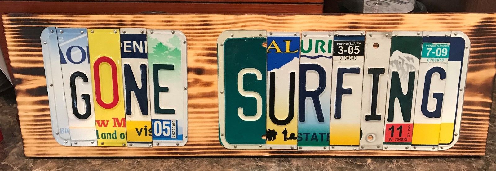 Gone Surfing 24 inches License Plate Sign Surfboard Surfer