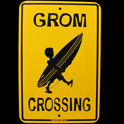 Metal GROM CROSSING Xing Sign Surfer Boy Kid&Surfboard Home Wall/Door Surf Decor