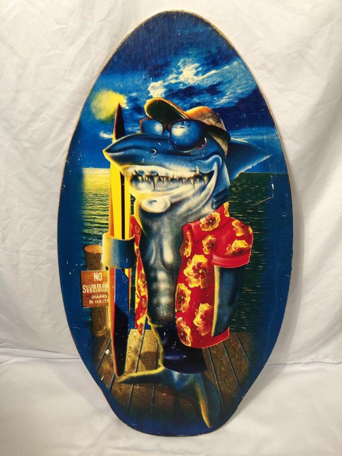Boogie Board WOOD Vintage Surf Skim SHARK w Hawaian Shirt & BallCap No Swim Sign