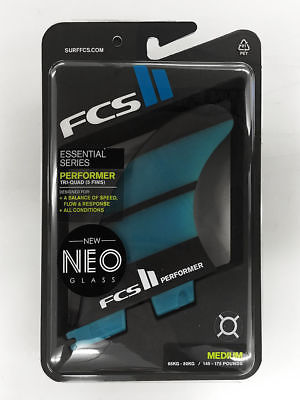 NEW FCS II 2 Performer Neo Glass Surfboard Tri-Quad 5 Fin Medium - Black / Blue