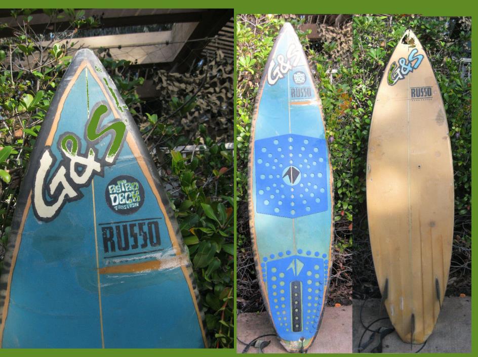 surfboard G & S  Vintage Surf Board Russo 3 Fin Classic Old Blue Ivory Color