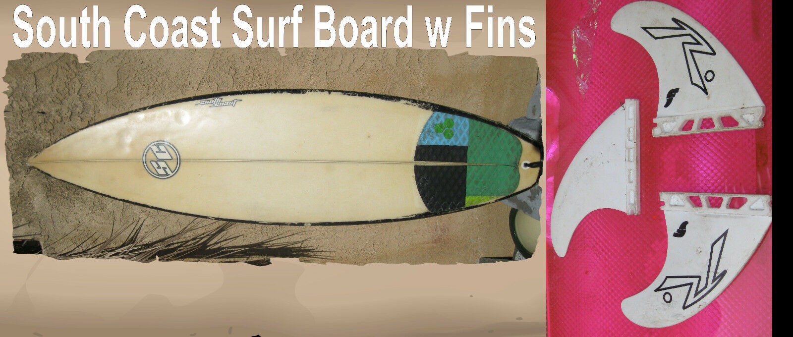 South Coast Vintage Southern California Surfboard w Fins Signed Autographed