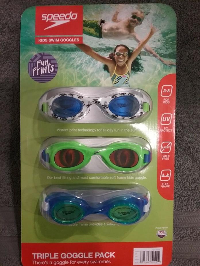 Speedo Triple Pack Swim Goggles with Fun Prints Green Blue Lizard Kids 3-8 UV