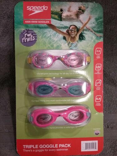 Kids Swim Goggles Speedo Triple Pack, Ages 3-8, Pink and Purple Fun Prints NEW