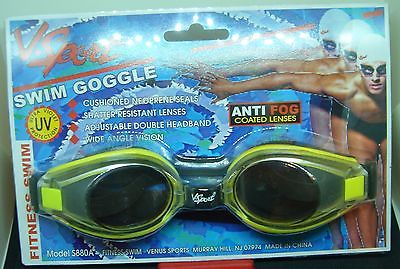 VKM SPORT ANTI FOG SWIMMING GOGGLES SILICONE ADJUSTABLE CLEAR W YELLOW TRIM