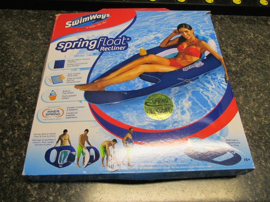 New SwimWays Spring Float Recliner Pool Lounger Blue/White Up to 250lbs.