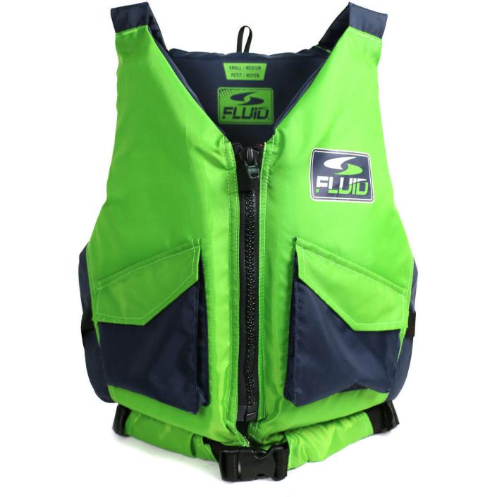 FLUID Green Adult Sm Md Paddling Vest USCG Approved Front Pockets Layering Foam