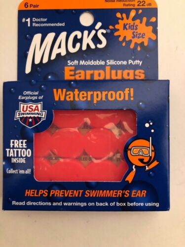 Macks 6 pair KIDS swimming ear plugs soft swimmers Orange childrens youth 22db