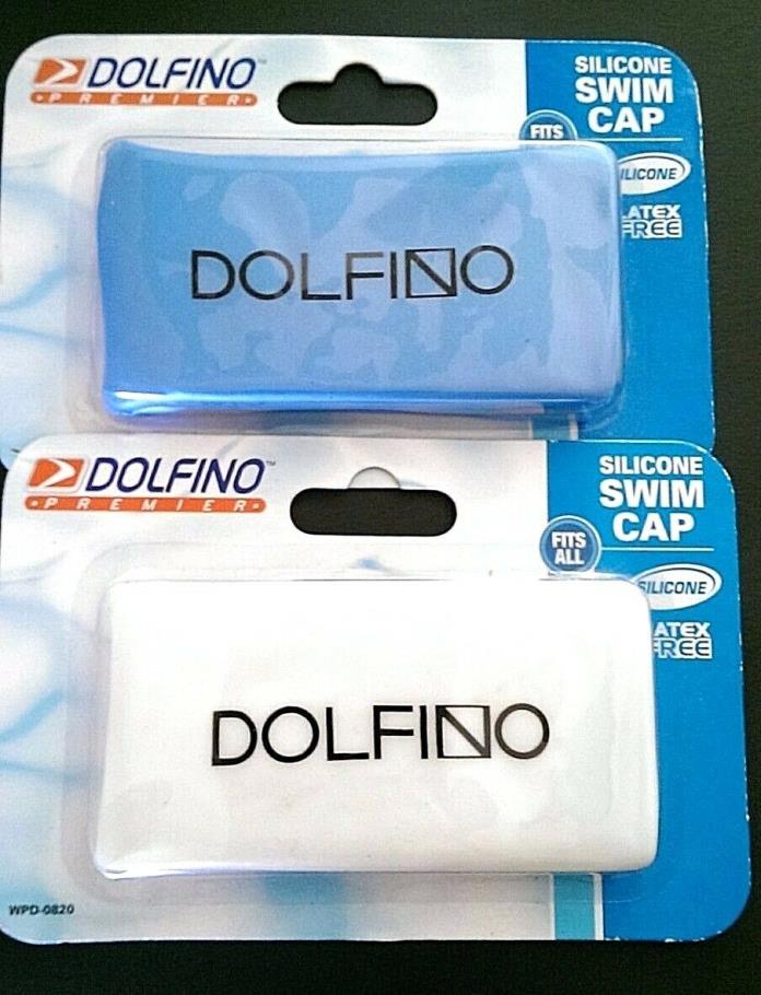 2 Lot of DOLFINO PREMIER Silicone Swim Caps NEW White/ Blue Latex-Free Fits All