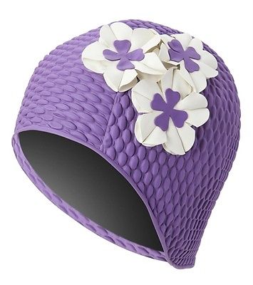 NEW Vintage Style Purple Swim Bathing Cap Floral Bubble with Ivory Flowers Adult