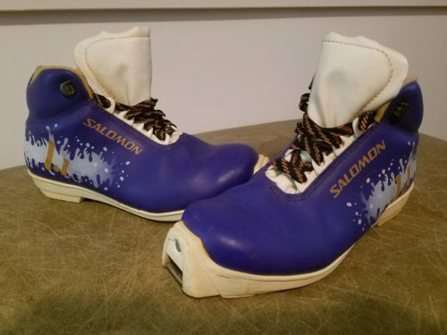 Vintage Salomon SR301 Blue Cross Country Ski Boots Size 42 Eur / 8 US w/ Org Box