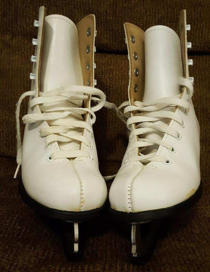 Size 2 Leather Girl's White Ice Skates with 8 1/3 SLM Blades (Guard Included)