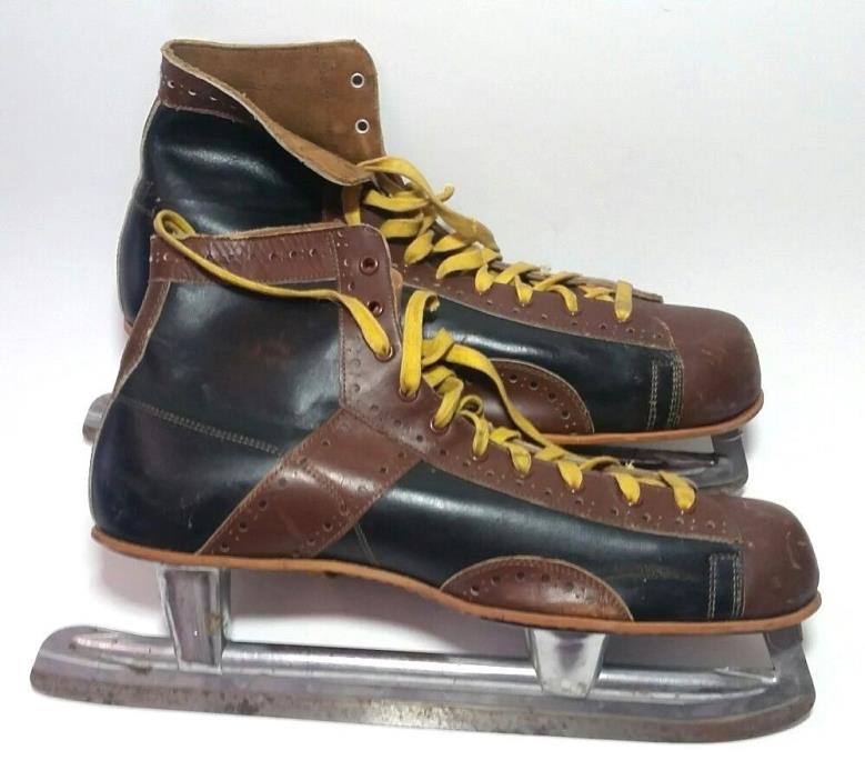 50s Hockey Ice Skates Black Brown Mens Size 10 JC Higgins Leather Vtg MCM Cabin