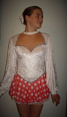 Figure Skating Dress White Cr Velvet/Sweetheart/Long Sleeve/Red White Dot Skirt
