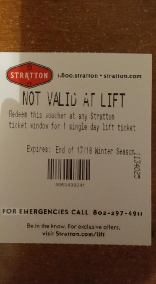 Stratton Mountain Vermont Lift Ticket Ski Snowboard 2017-2018