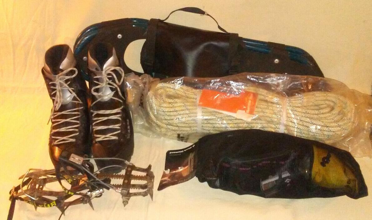 Mountaineering Lot - Boots, Crampons, Snowshoes, Static Rope, Harness
