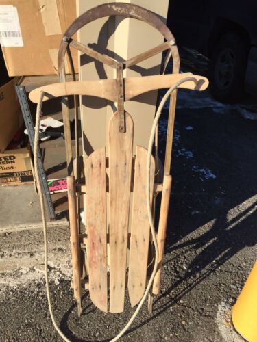 Vintage Wood Sled Flexible Toboggan Metal Rails