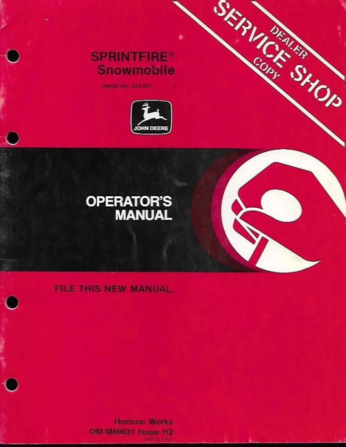 JOHN DEERE SPRINTFIRE SNOWMOBILE OPERATORS MANUAL