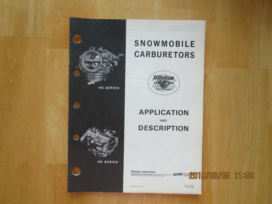 Tillotson Snowmobile Carburetors Application And Description HD HR Series 1973