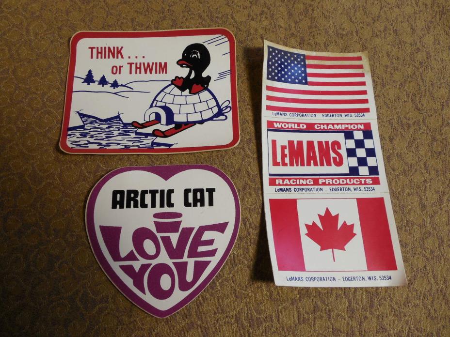 Vintage Arctic Cat Snowmobile I LOVE YOU LeMans Think or Thwim Sticker Lot