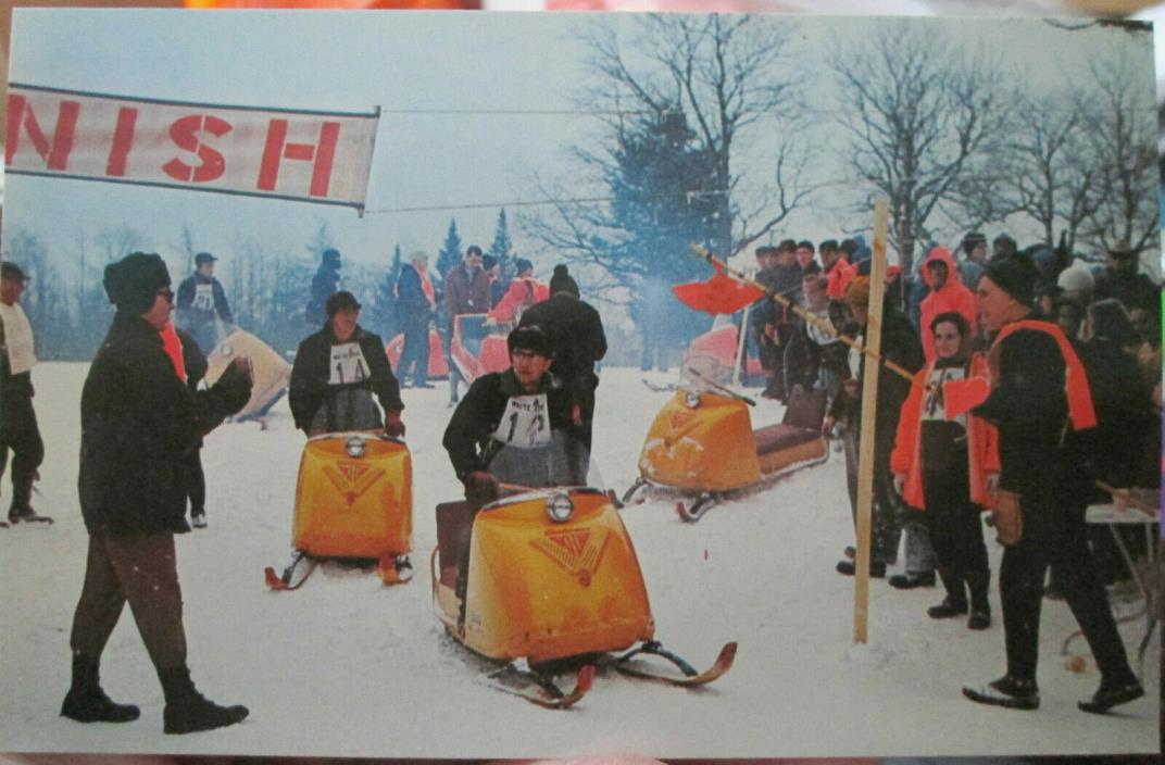 c1960s Snowmobile Racing in Adirondack Mtns NY postcard - Bombardier SKI DOOs!!
