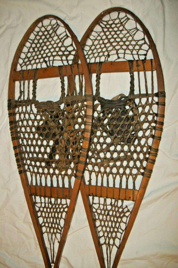 OLD WOOD SNOWSHOES NICE PATINA RAWHIDE LEATHER