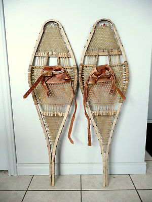 Antique OLD Snowshoes 11 x 37 Very Fine Webbing w/ Traces old Pompoms Decor