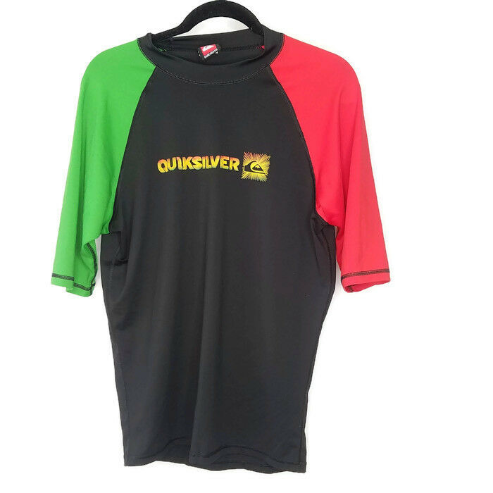Quicksilver Men’s Swim Shirt Short Sleeve Rash Guard Rasta Black Sz XL