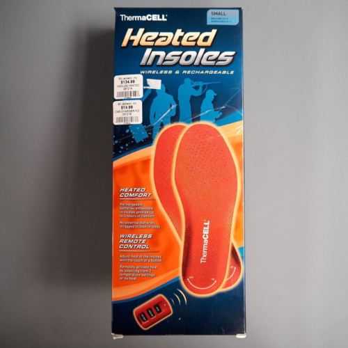 ThermaCell Heated Insoles Foot Warmer Rechargeable Plus Car Charger Remote sz S