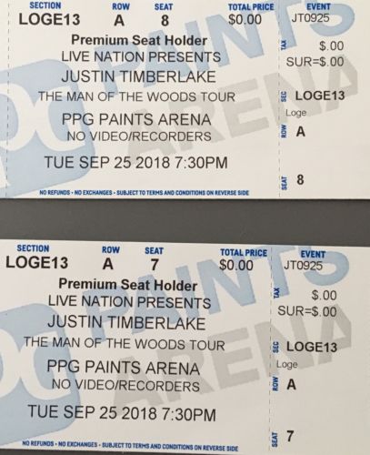 Two (2) Justin Timberlake Sep 25th Concert Tickets LOGE 13 A7-A8 Man Of The Wood