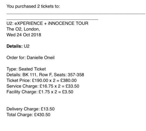 U2 Tickets - London - Oct 24- Sec BK 111, Row F Seats 357-358
