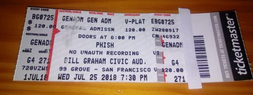 Phish Ticket Bill Graham Civic Center 7/25/2018 Great Condition FREE MAILING