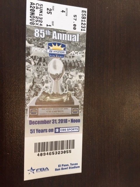 2018 Sun Bowl MINT Season Ticket 12/31/18 NCAA Football Stub Stanford Pittsburgh