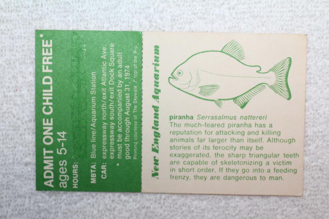 Vintage 1974 Child Admission Ticket NEW ENGLAND AQUARIUM Collectable