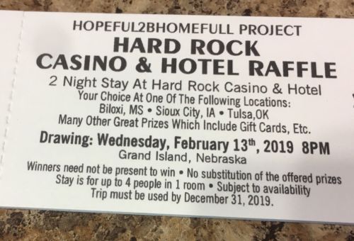 *HARD ROCK CASINO & HOTEL * TRIP RAFFLE*CHARITY*CHOOSE LOCATION: IA,MS,OK *