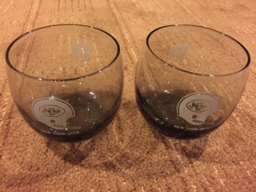 2 NEW YORK JETS GLASSES SMOKED NFL HIGHBALL COCKTAIL TUMBLER VINTAGE NEVER USED